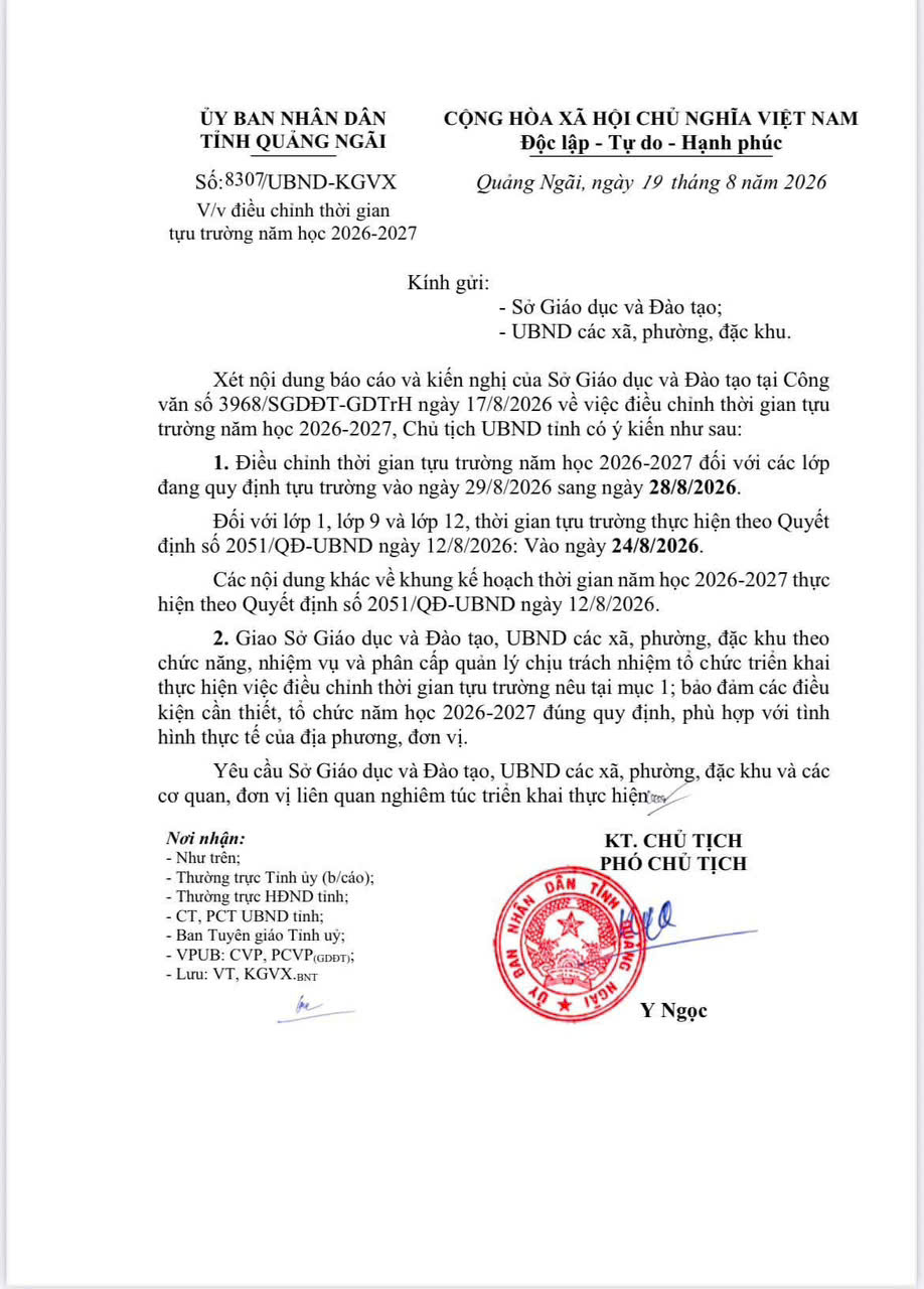 Thông báo Điều chỉnh thời gian tựu trường năm học 2026 – 2027 của TT GDNN-GDTX khu vực Đức Phổ